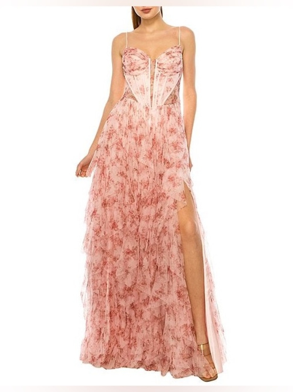 Juniors Sweetheart Neckline Pink Floral Tiered Ruffle Maxi Gown Prom Dress